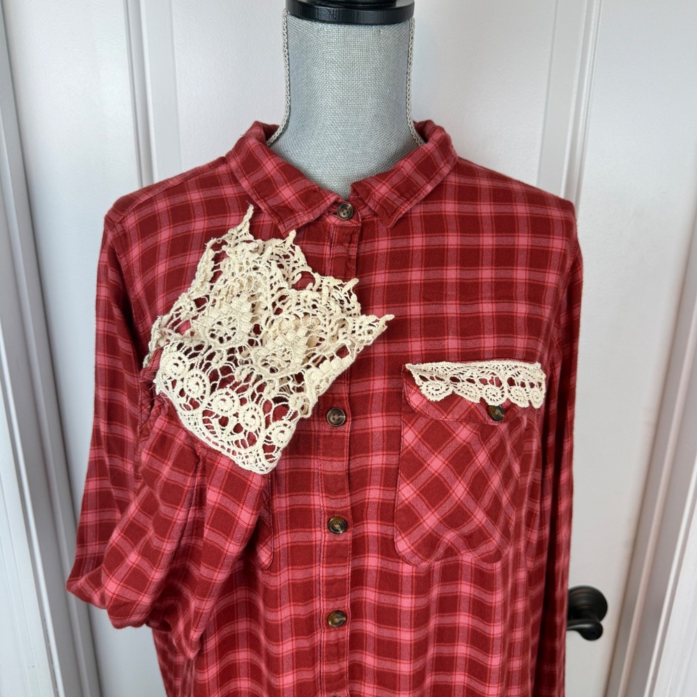 Terra & Sky Red Plaid Lace Trim Upcycled Button Down Shirt 1X 16W-18W Boho